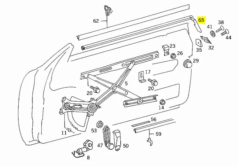 W124 Coupé / Cabrio Abdichtschiene Türfenster innen links Neu 
